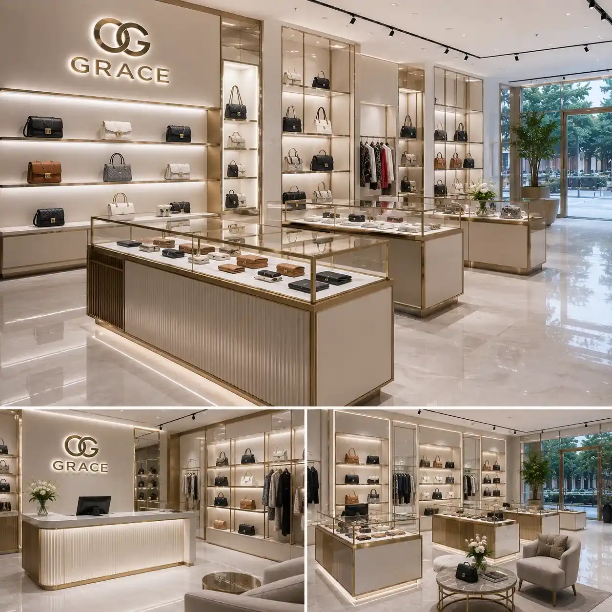 Luxury Boutique Shopfitting for designer brands: bespoke gold metal wall bays and fluted glass counters