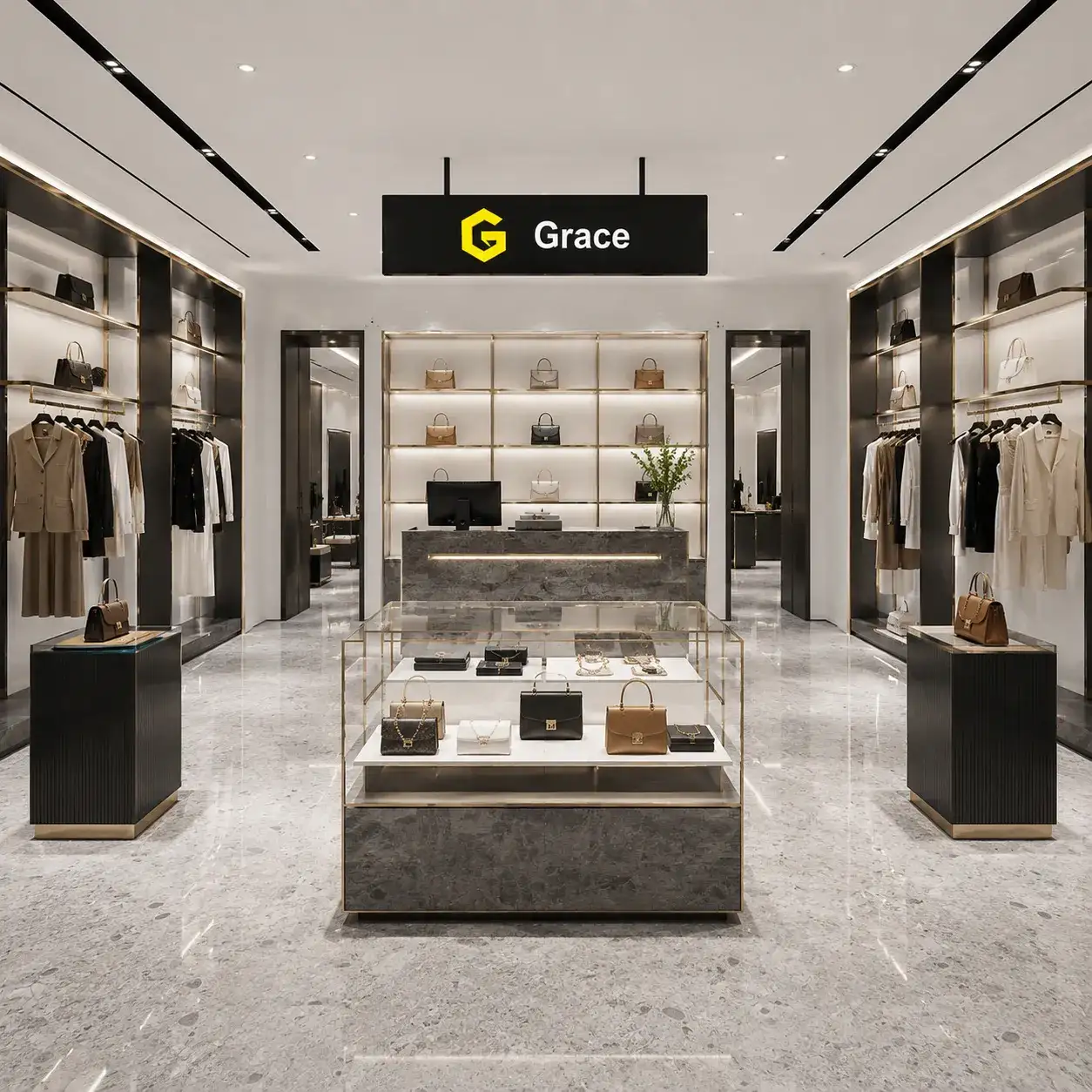 Custom luxury boutique shopfitting with bespoke gold metal racks and stone cash wraps