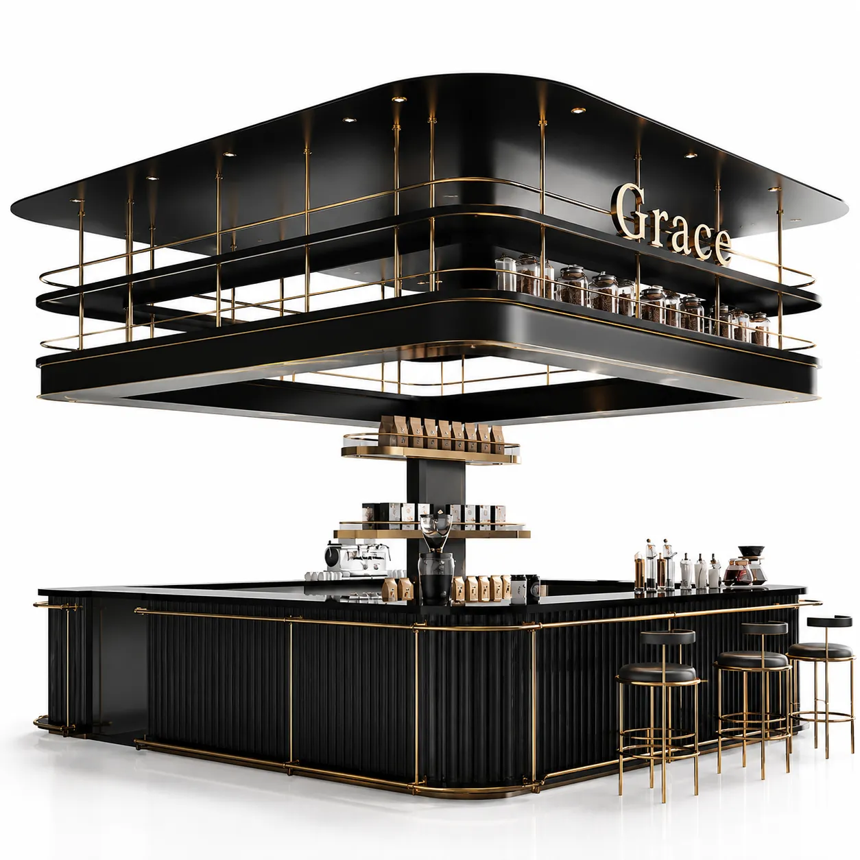 Luxury custom coffee shop bar kiosk with overhead shelving and fluted panels for shopfitting