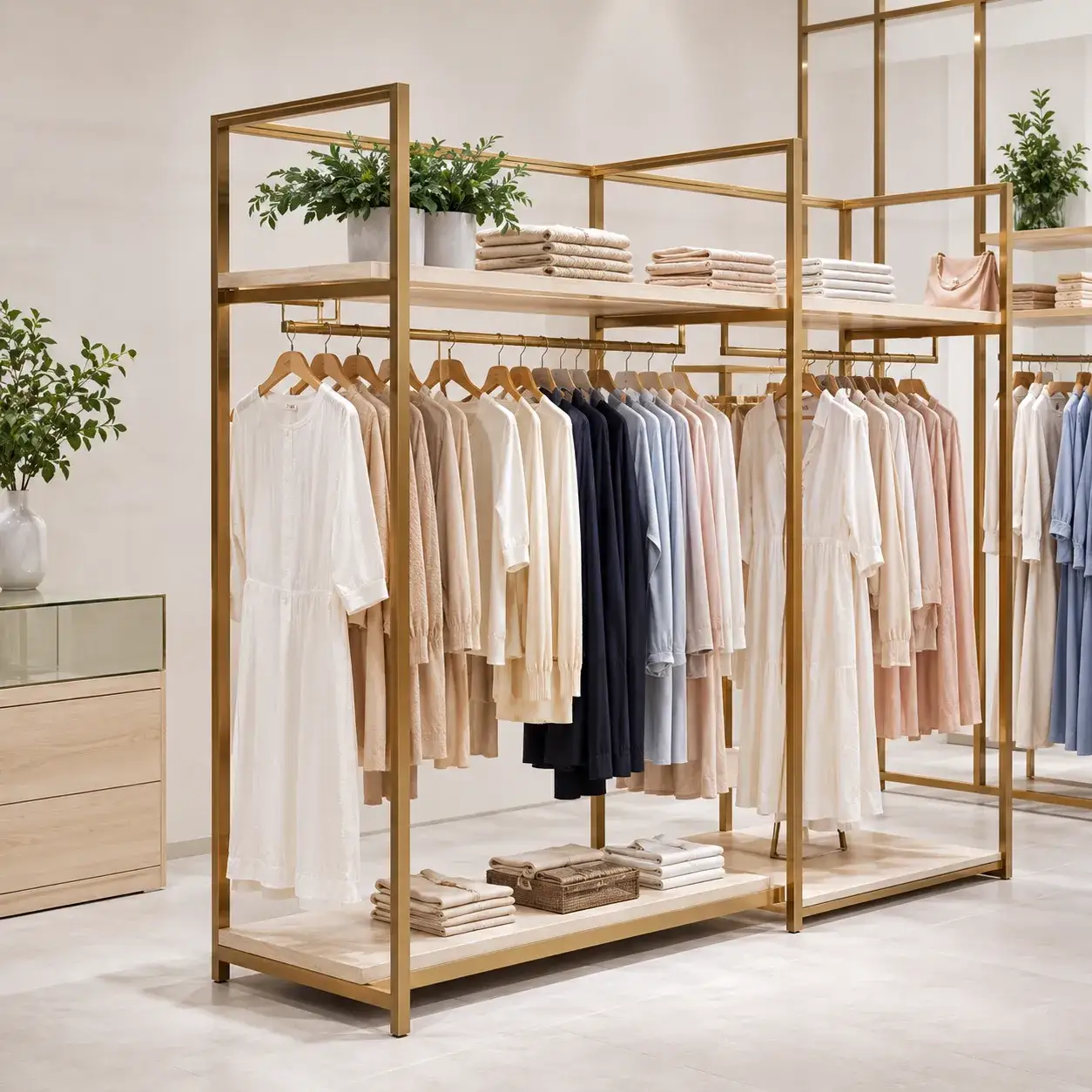 Luxury gold clothing display racks and boutique retail store fixtures with premium metal garment shelving