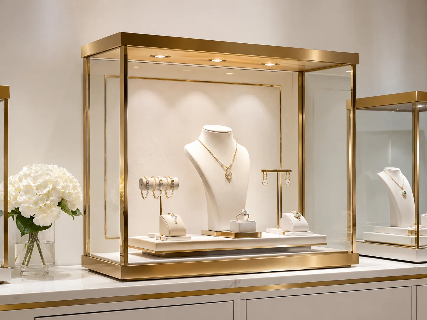 Luxury jewelry display showcase with gold stainless steel frame for high end boutique jewelry store