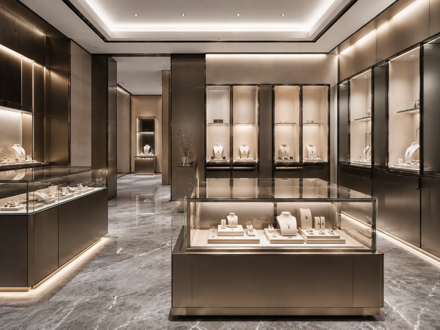 Bespoke Netherlands luxury jewelry boutique shopfitting with anti-fingerprint stainless steel