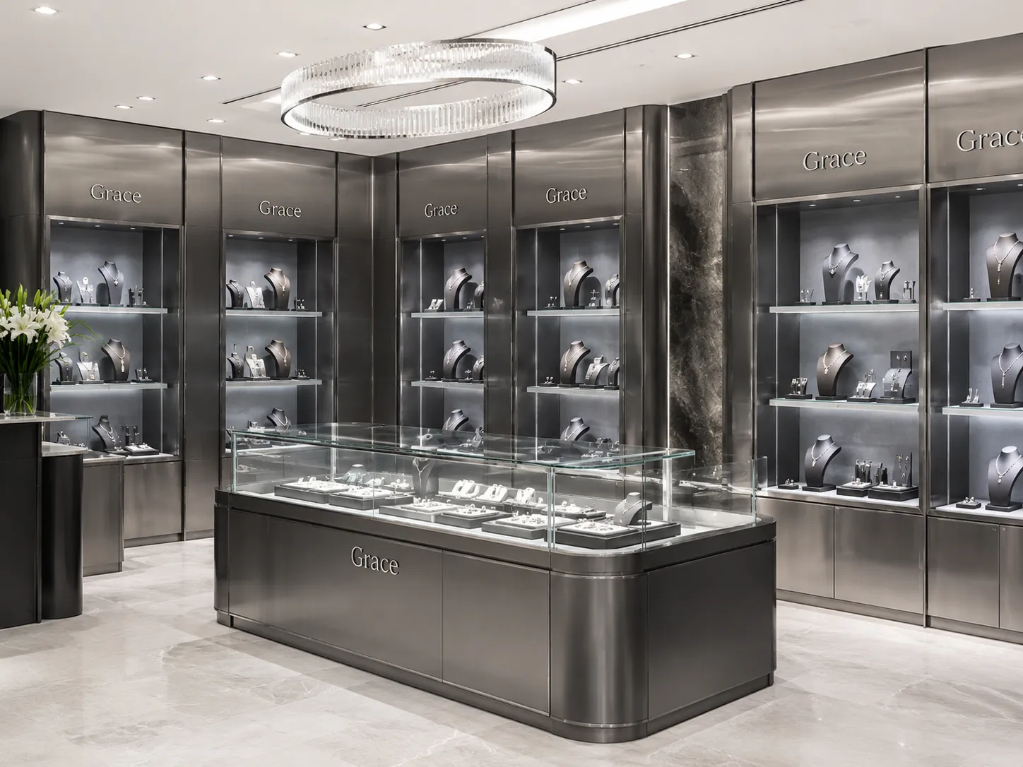 Luxury Jewelry Boutique – Netherlands: bespoke gunmetal metal display cases and glass showcases