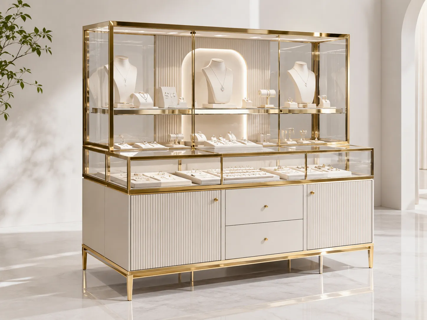 Luxury jewelry display case with gold stainless steel frame and glass cabinet for boutique retail