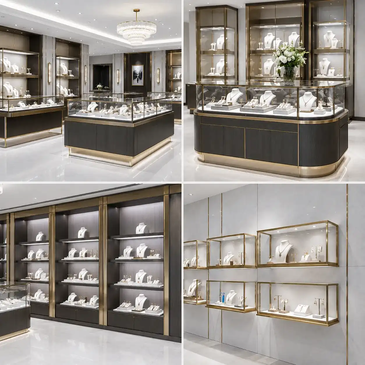 Luxury Jewelry Store Shopfitting Gold Island Counter Wall Displays