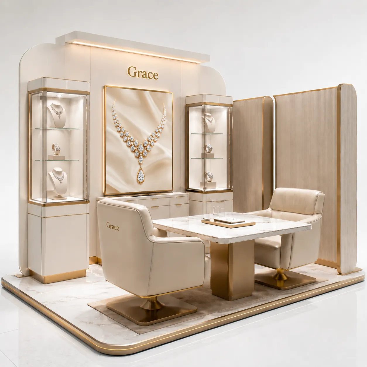 Bespoke luxury jewelry store VIP consultation area with marble tables and leather chairs