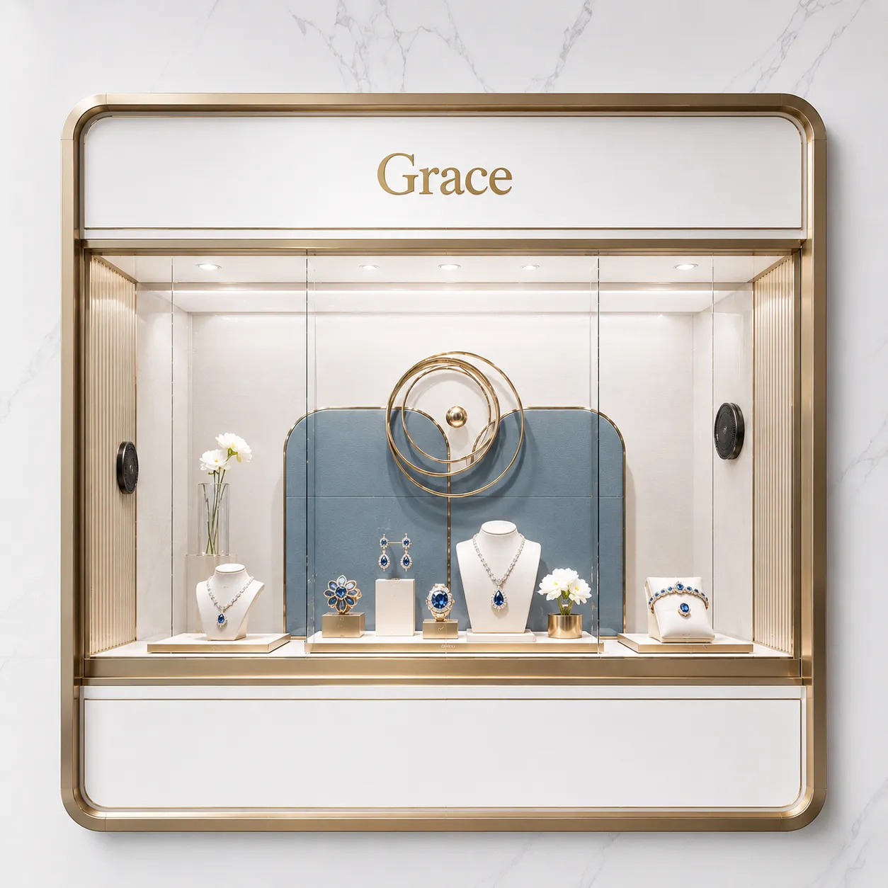 Bespoke jewelry window display with anti-glare museum glass and magnetic quick change system