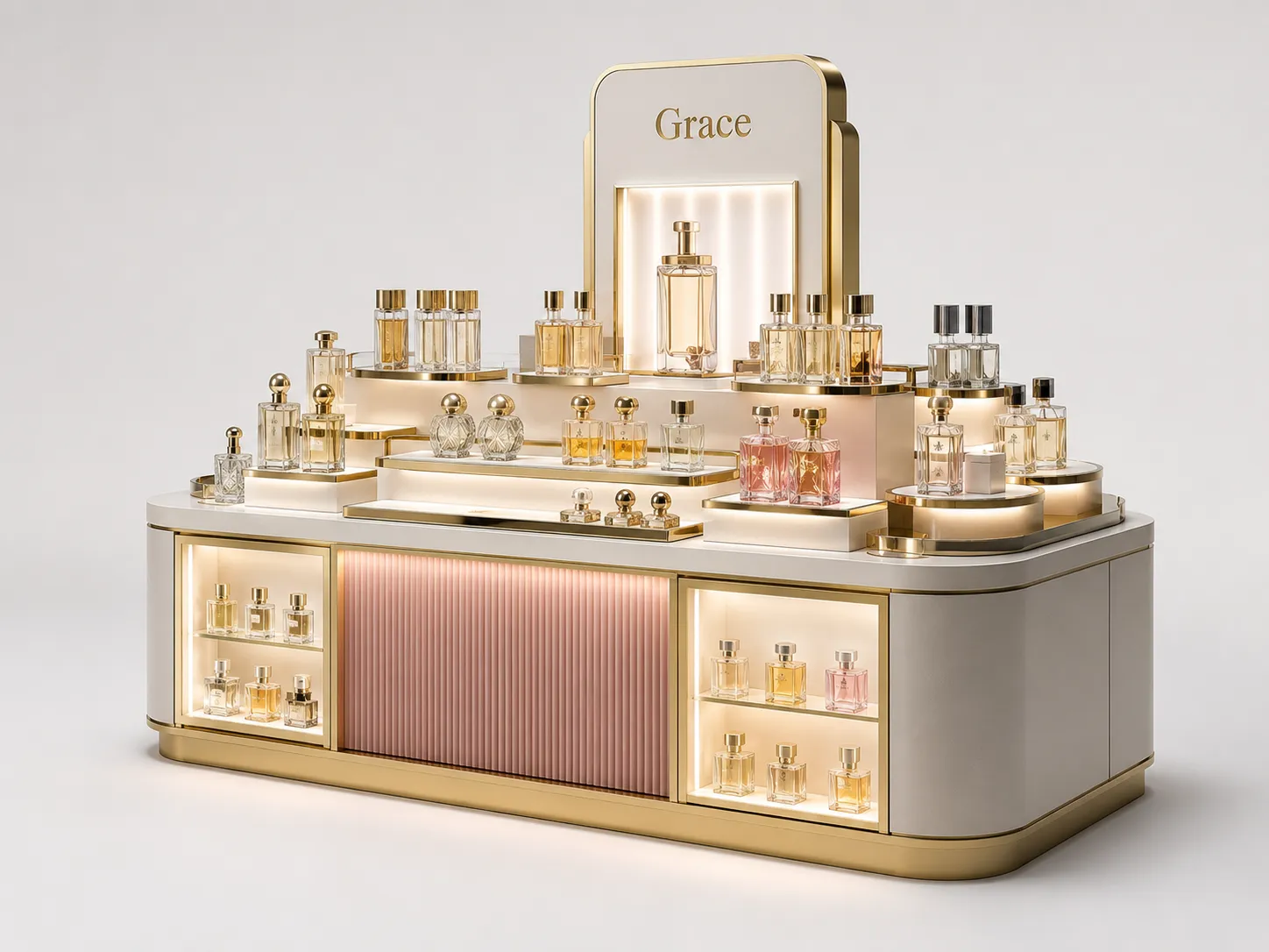 Luxury perfume display kiosk with backlit branding and multi tier retail island shelving