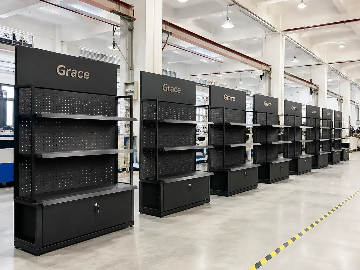 Mass manufacturing of black metal retail shopfitting fixtures and shelving units for bulk orders