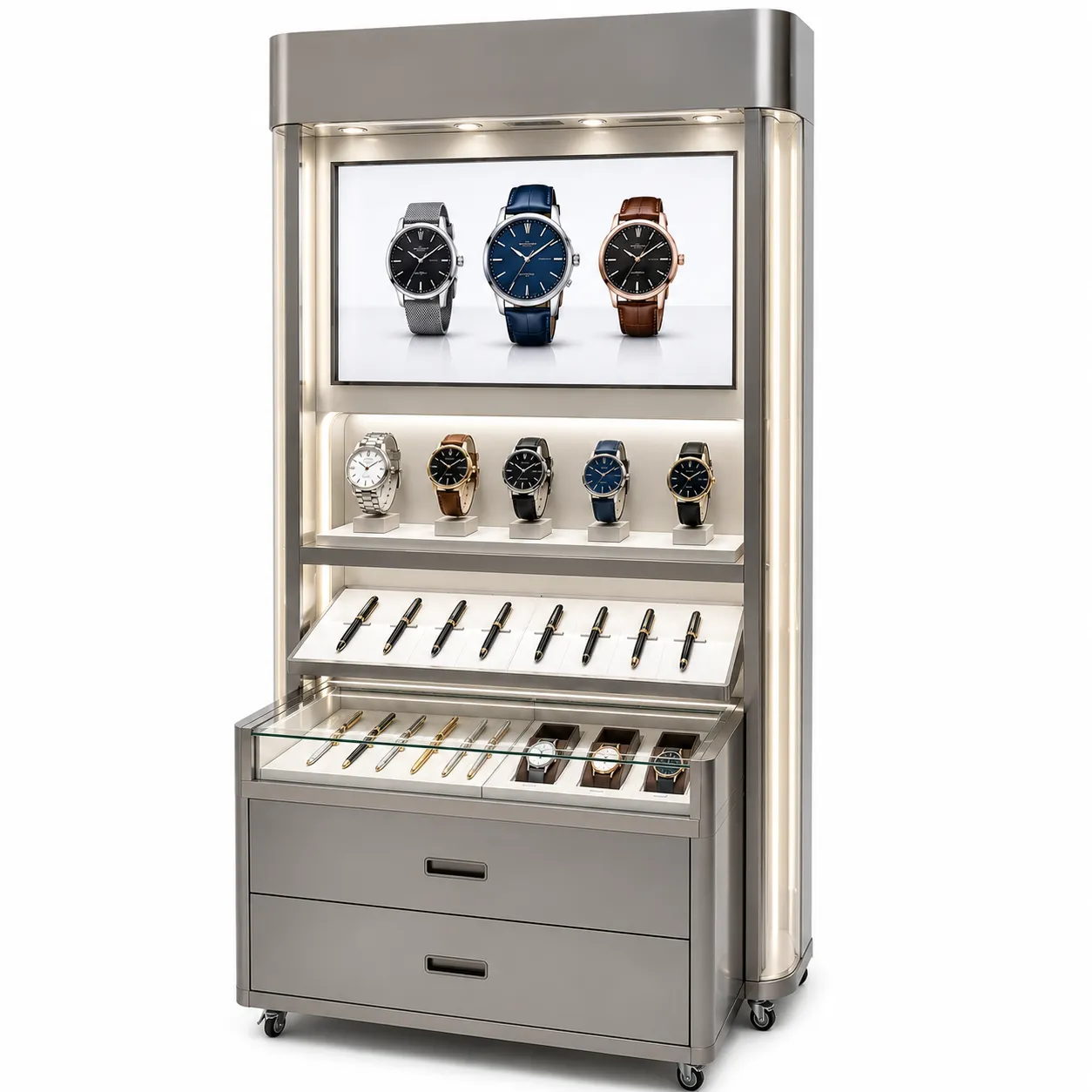 Mobile Watch & Luxury Pen Display cabinet with LED lightbox for retail shopfitting
