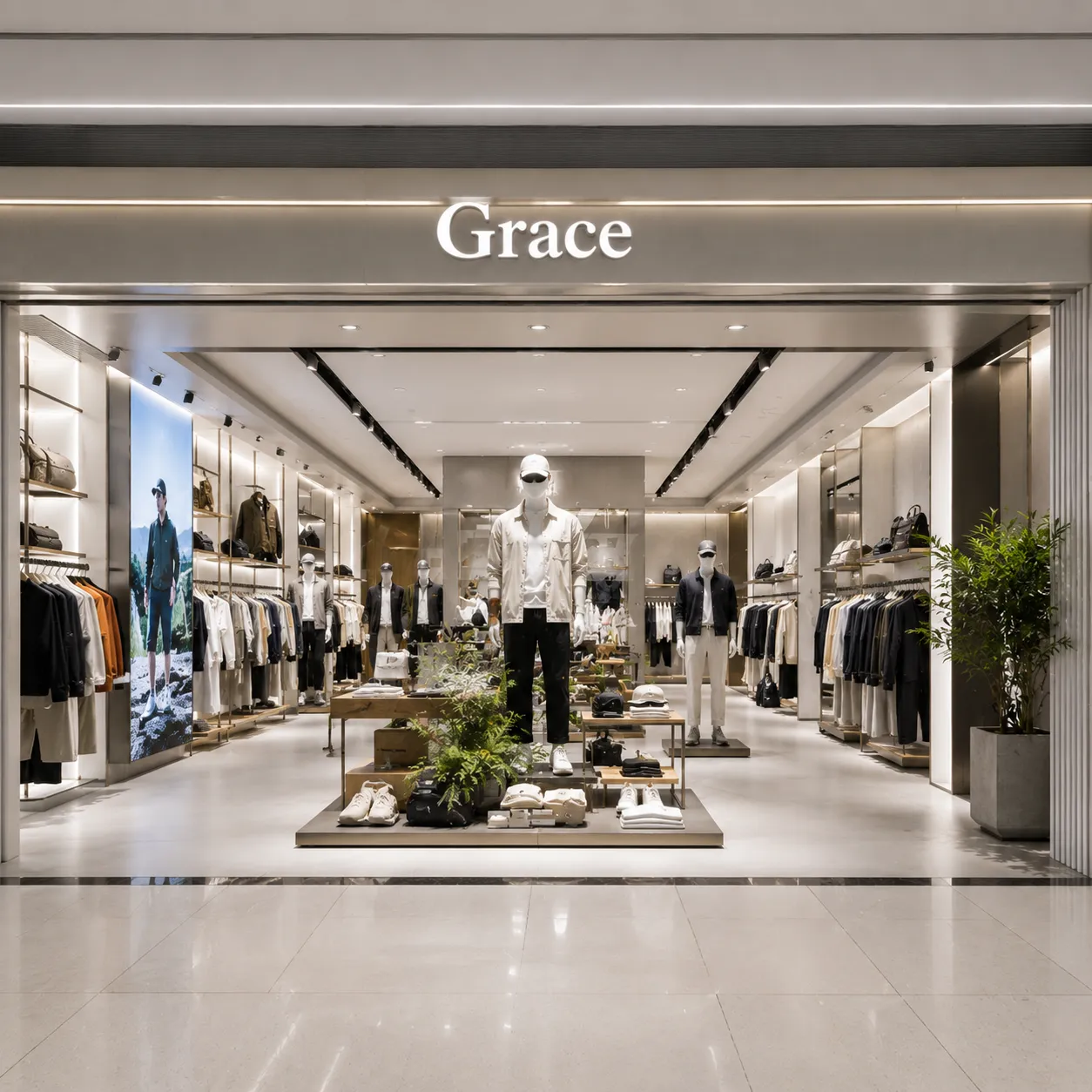Modern Fashion Retail Shopfitting entrance with custom LED wall shelving and mannequins for boutiques