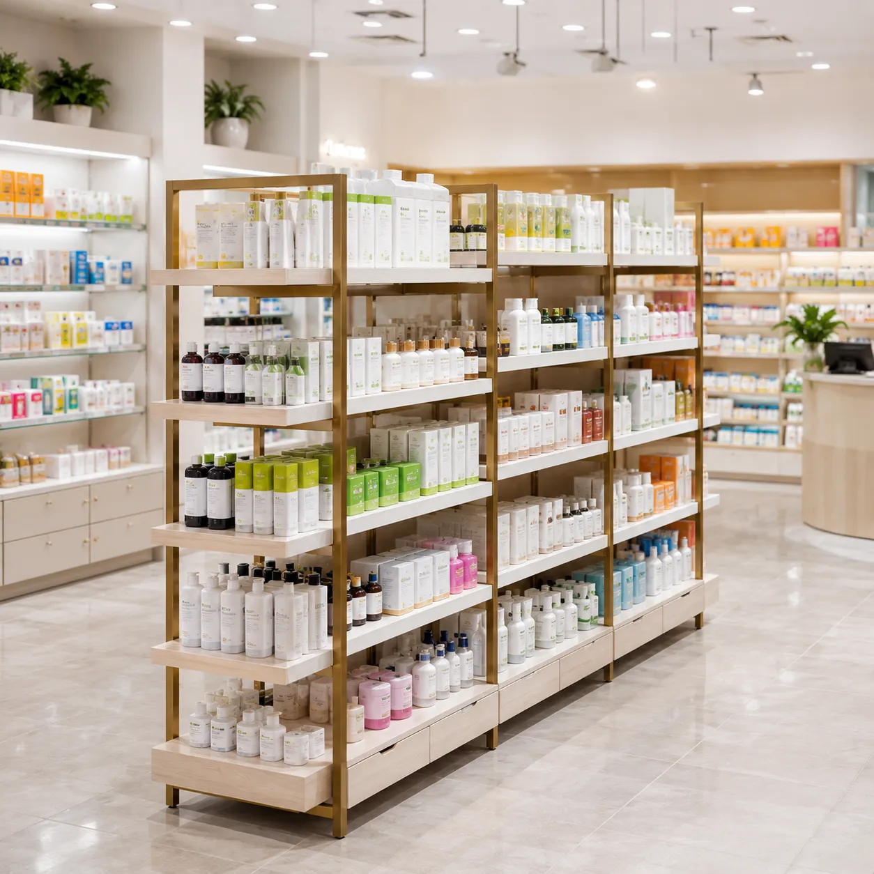 Modern pharmacy gondola shelving with gold metal and timber display for premium retail shopfitting