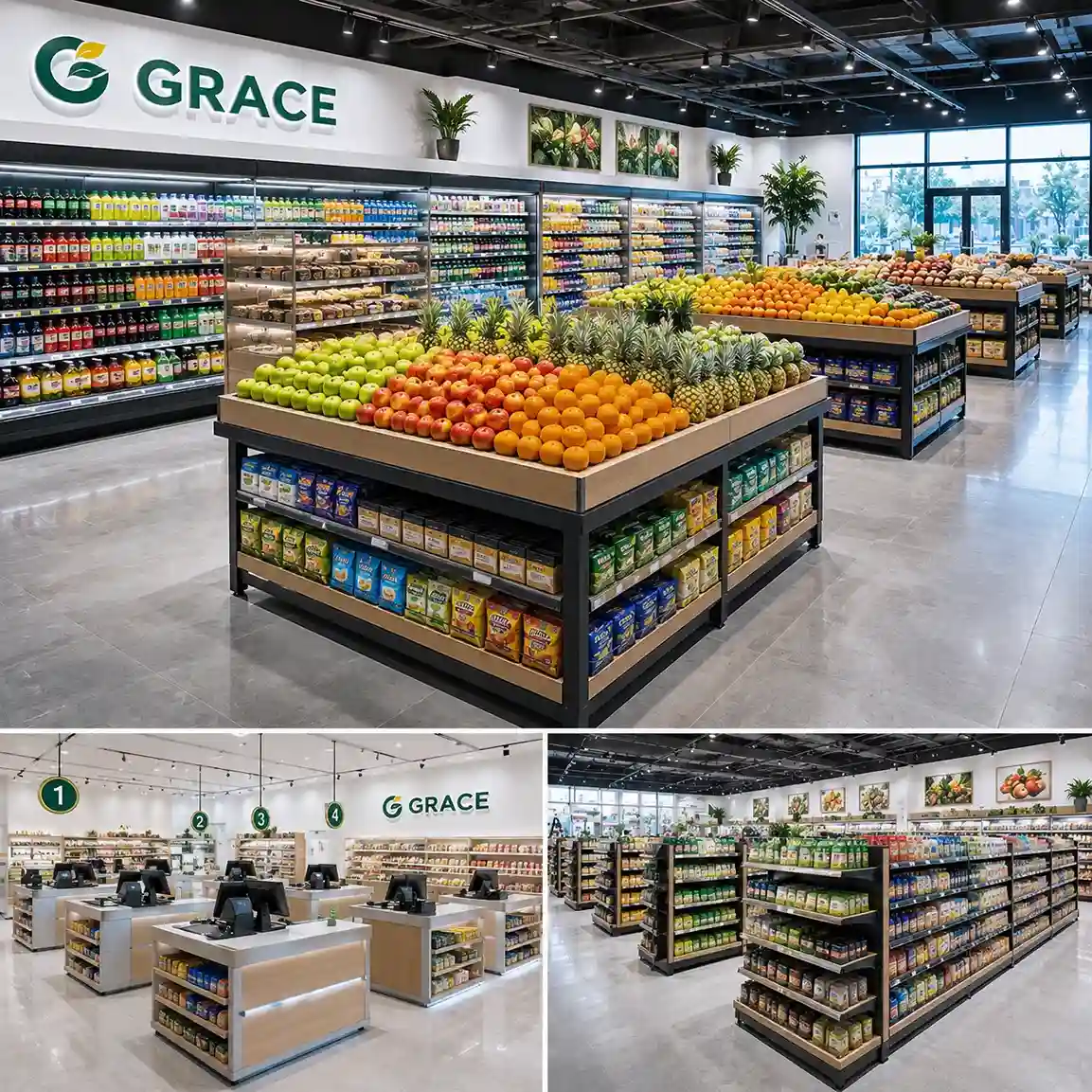 Modern Supermarket Shopfitting including produce islands, checkout counters, and high-density shelving