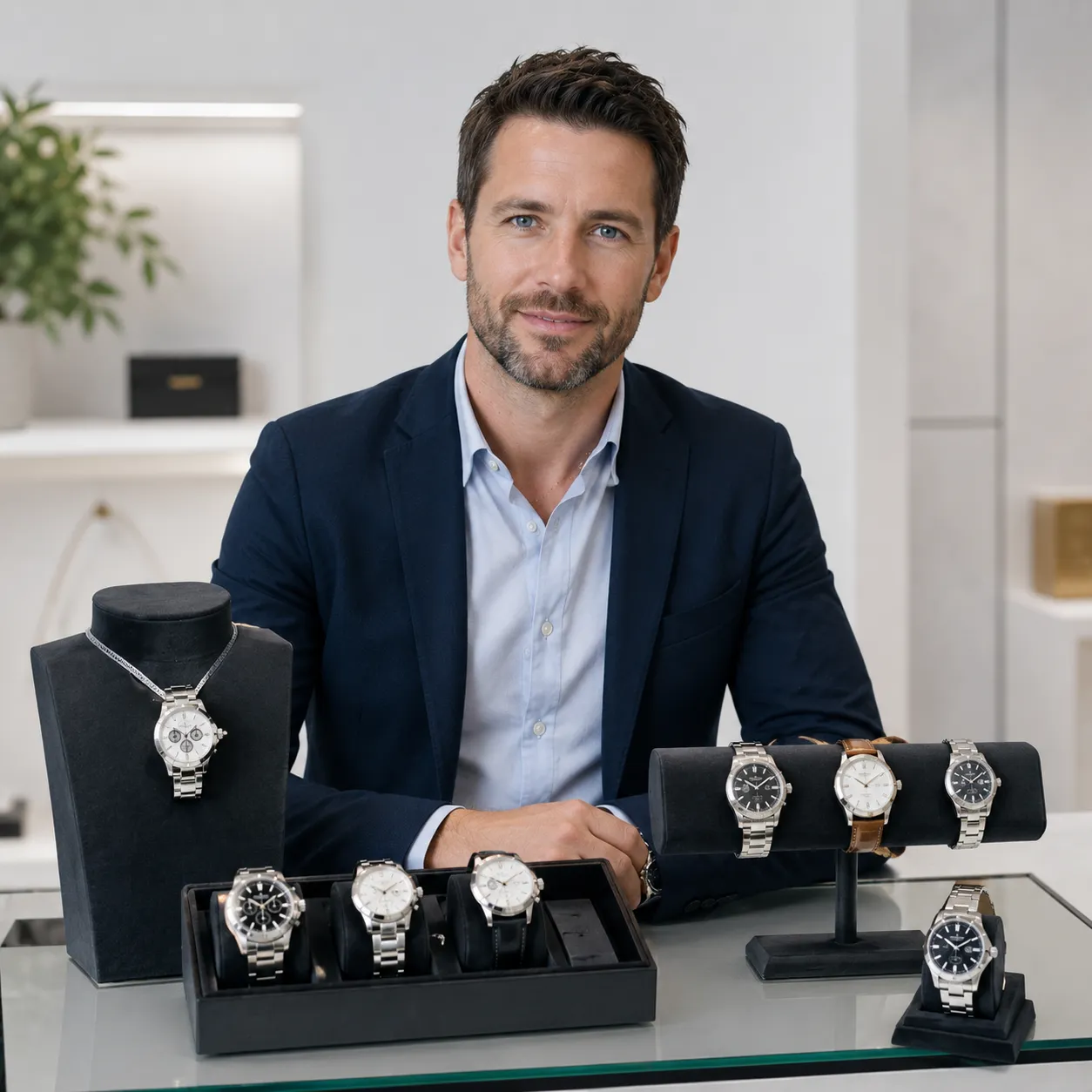 UK retail procurement director David L. of M*** Retail reviewing our custom modular metal display racks for luxury store fittings