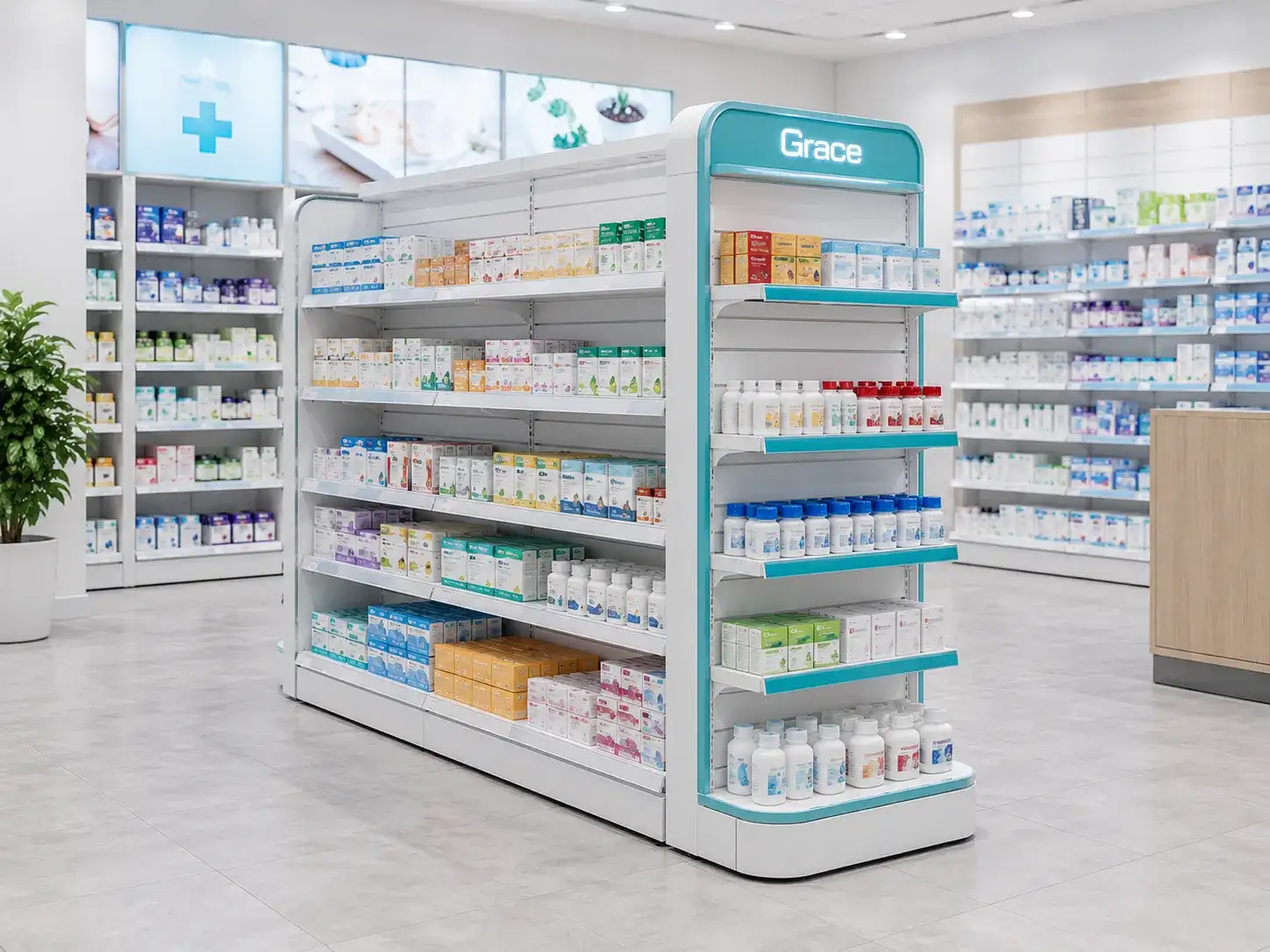 Modular Pharmacy Gondola Shelving Medical Retail Display Racks