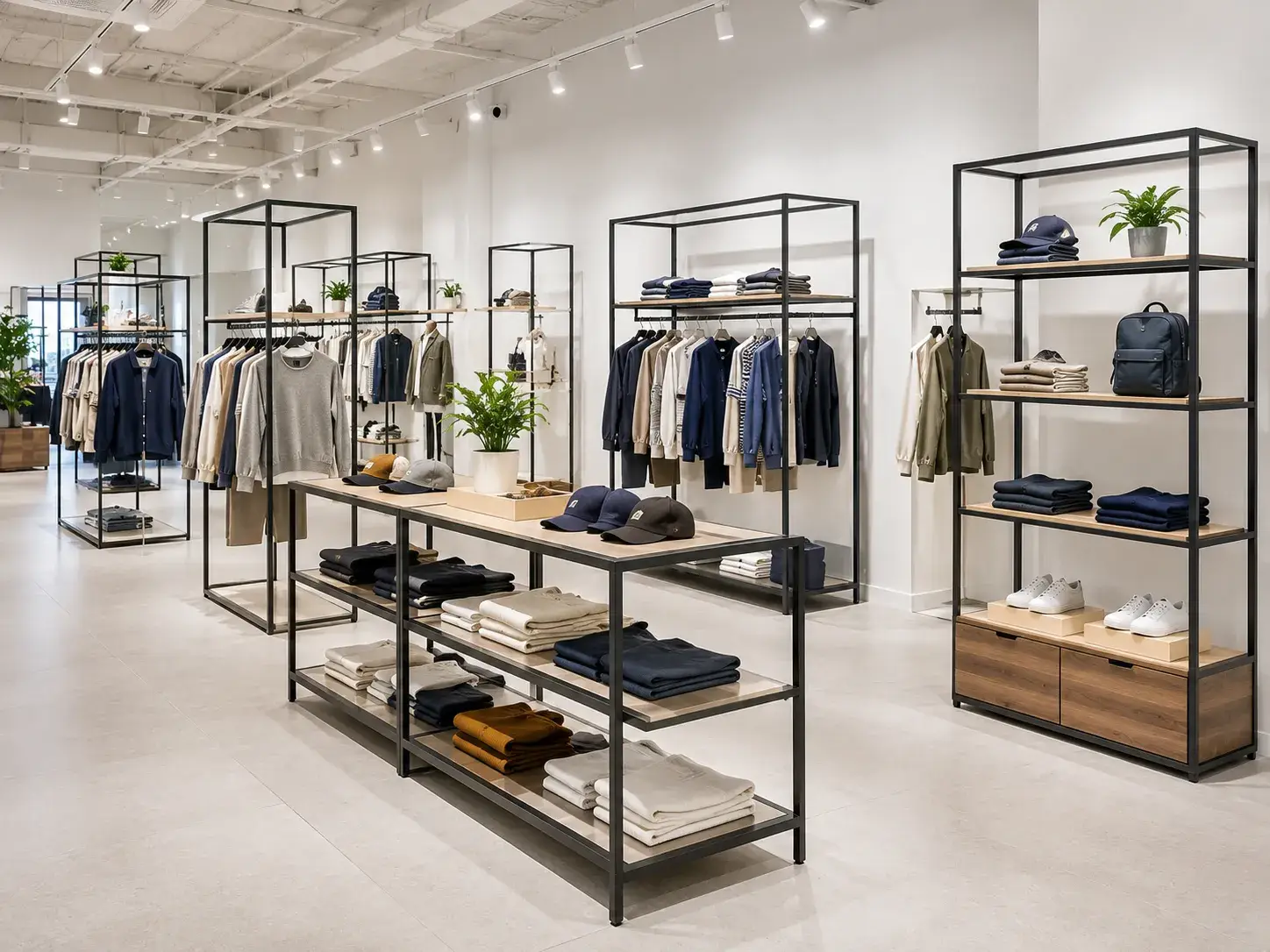 Modular metal retail display racks and clothing store fixtures for industrial style boutique shop