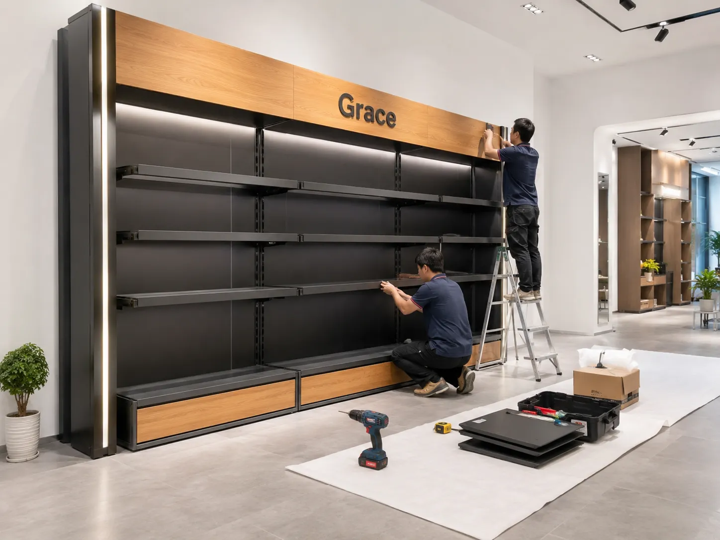 Modular retail shelving installation support with black metal and wood shopfitting fixtures