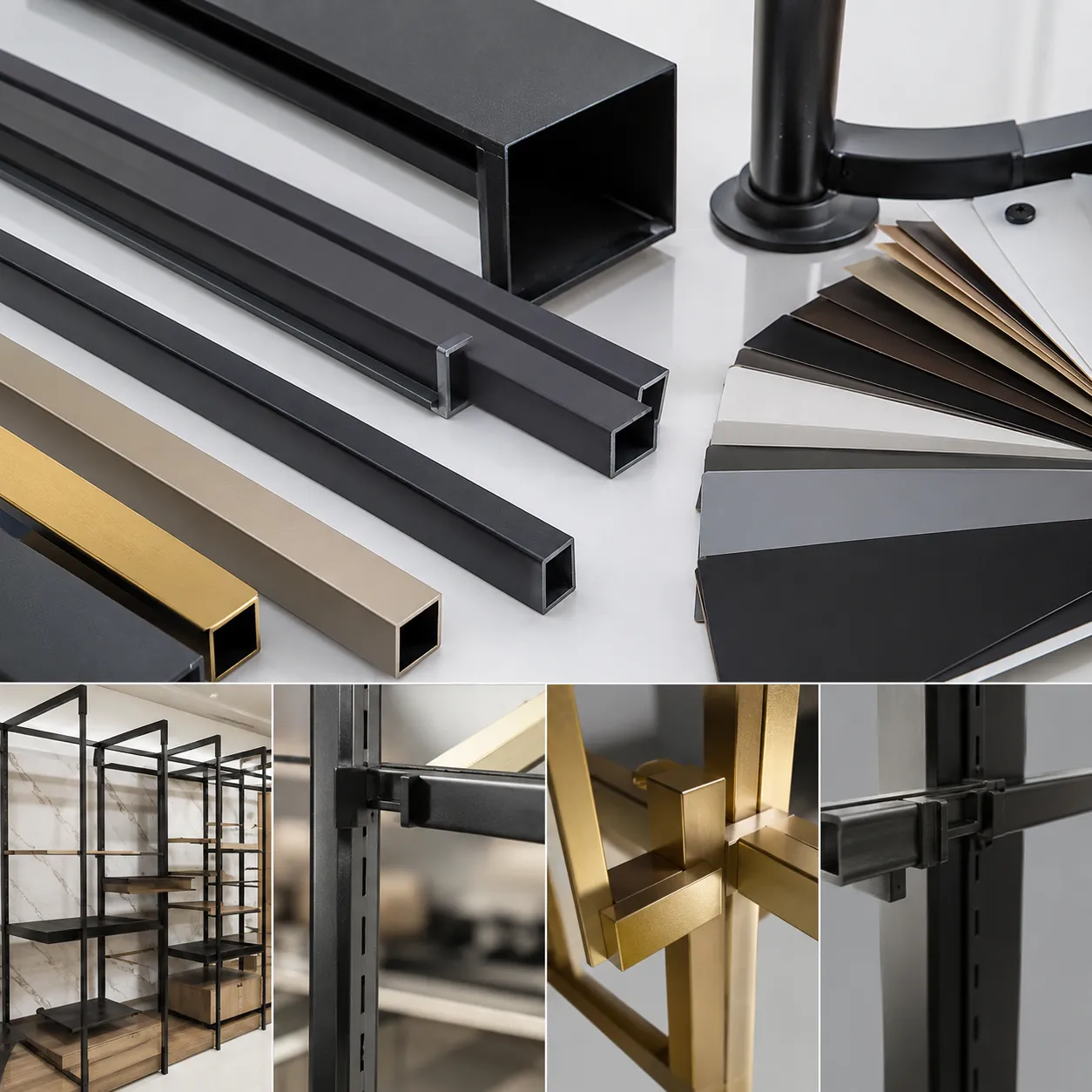 Custom shopfitting powder coating finishes for metal profiles and retail display fixtures