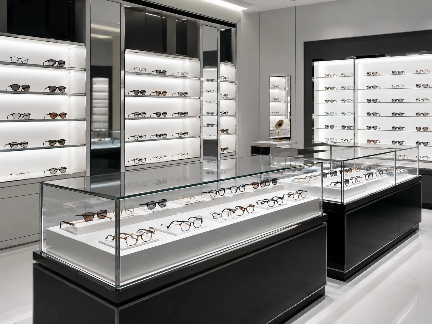 Precision optical eyewear showcase with anti glare tempered glass and HD lighting for shopfitting