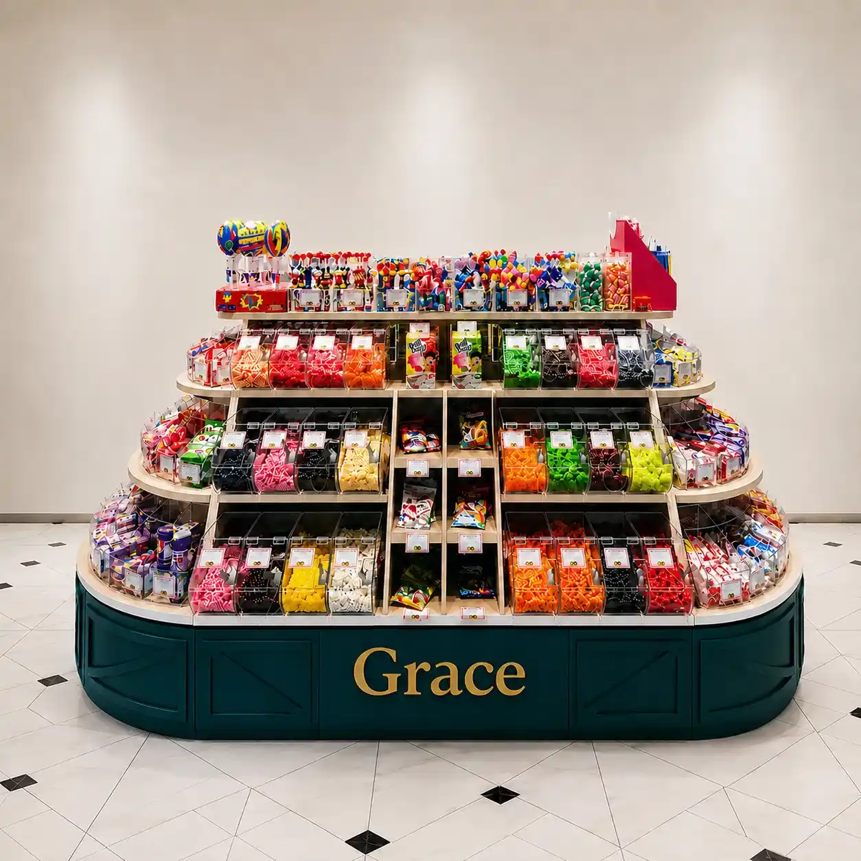 Bespoke tiered Candy & Sweet Shop Display island for pick and mix retail shopfitting