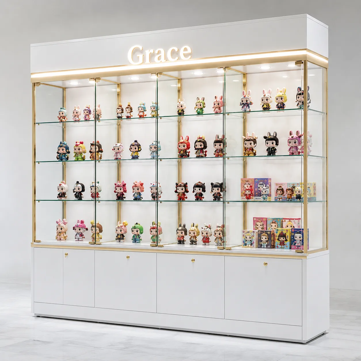 Custom Toy and Blind Box Display glass showcase with LED lighting for retail shopfitting systems