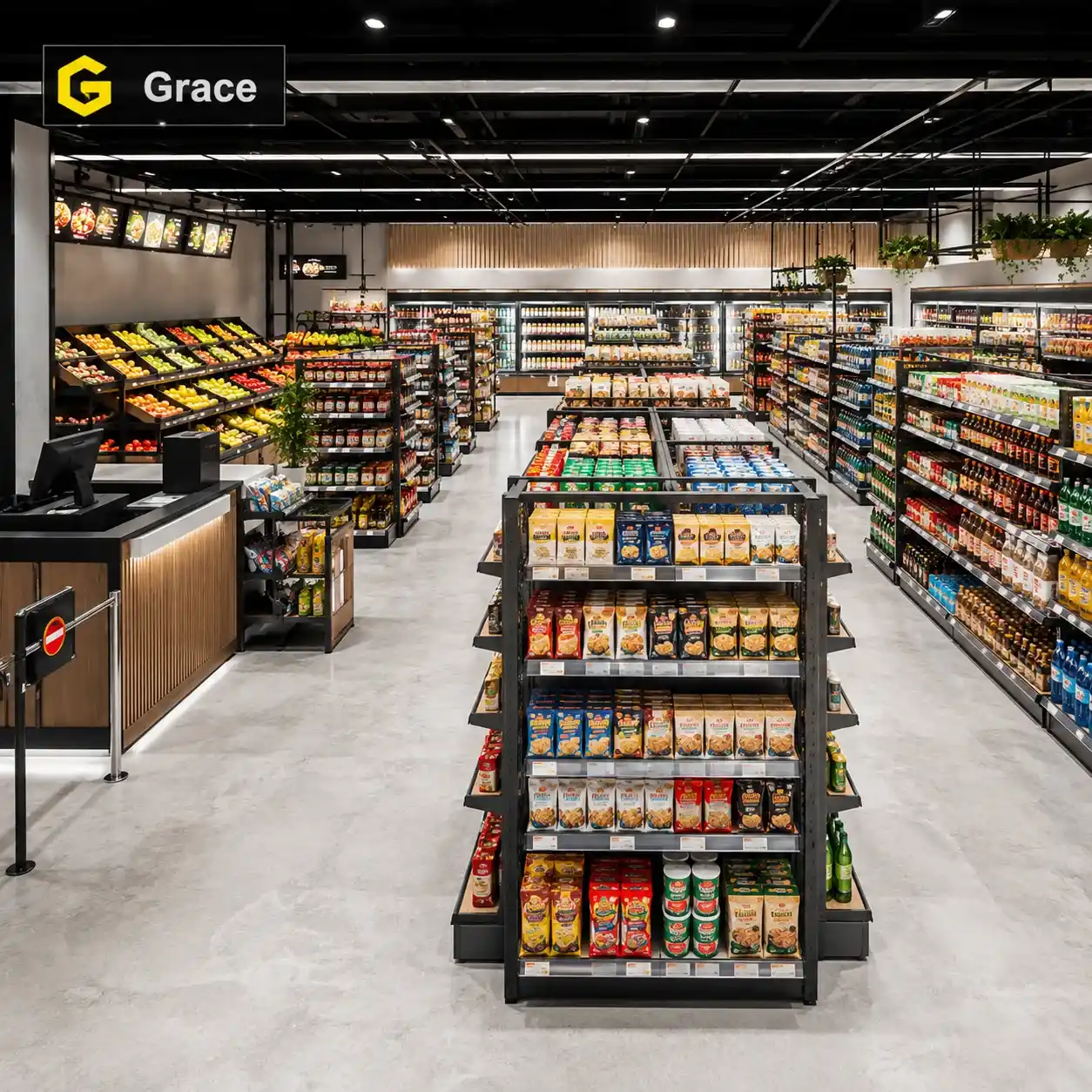 Turnkey supermarket shopfitting layouts featuring black aisle shelving end-cap displays and checkout counters