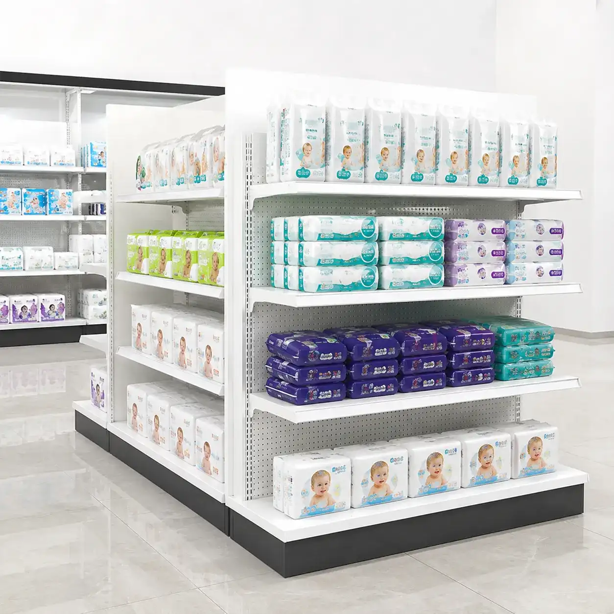 White Double Sided Gondola Retail Shelving Pegboard Shopfitting